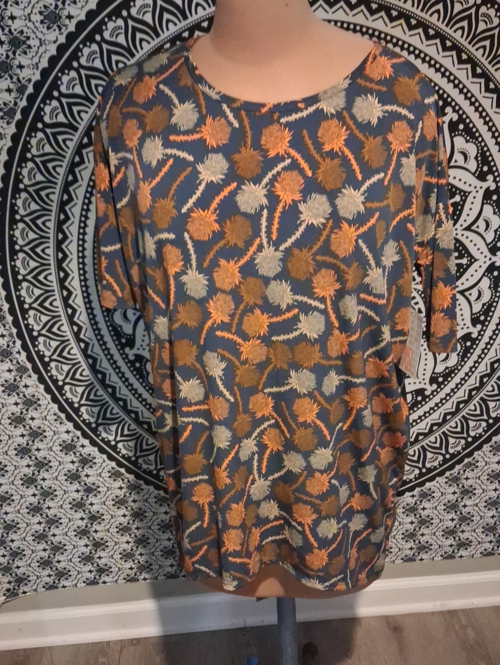 LuLaRoe Blue Short Sleeve Tee with Orange & Cream Floral Motif